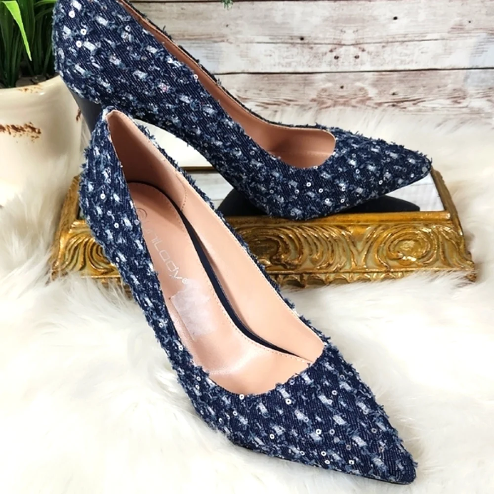 Unilady, Women's Chic Navy Blue Sequin Pointed Toe Heels byCall It Sprg, Sz 8.5 - Picture 3 of 12